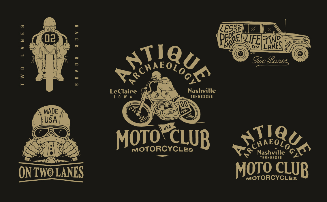 Antique Archeology inspired hand-lettered logos and heritage artisanal poster art for Two Lanes USA by BMD Design