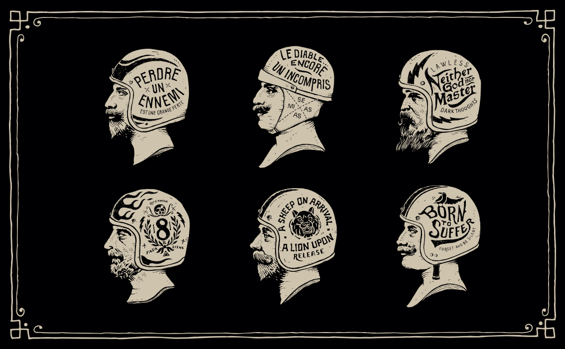 Bikers face illustration and custom hand-drawn artisanal brand design by BMD Design