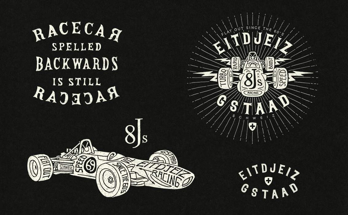 Luxury racing-inspired branding and custom hand-lettered logos for 8JS Switzerland