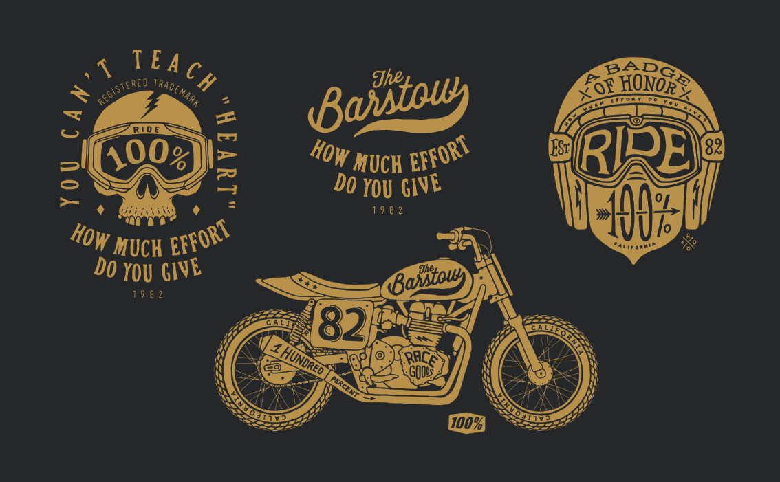 Custom motorsport hand-drawn typography and lifestyle branding for 100% Ride USA