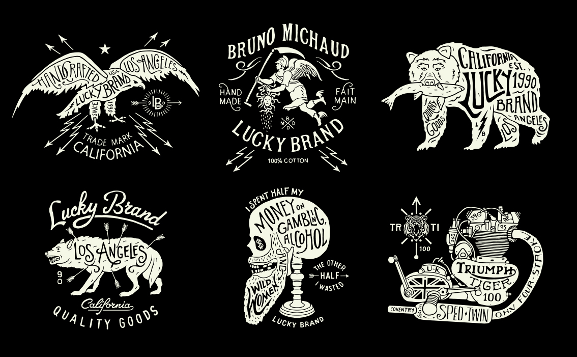 Heritage-style hand-drawn typography and visual communication for Lucky Brand California USA