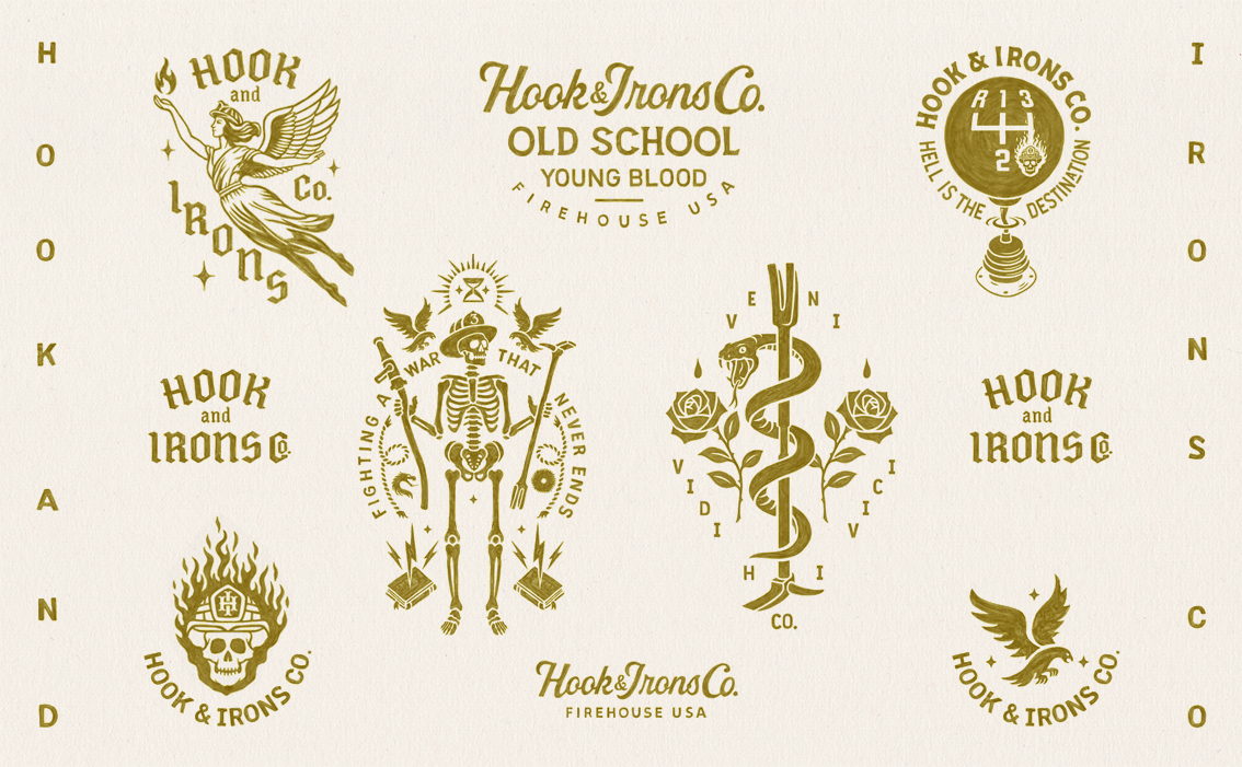 Authentic firefighter heritage branding and custom hand-drawn art for Hook & Irons USA