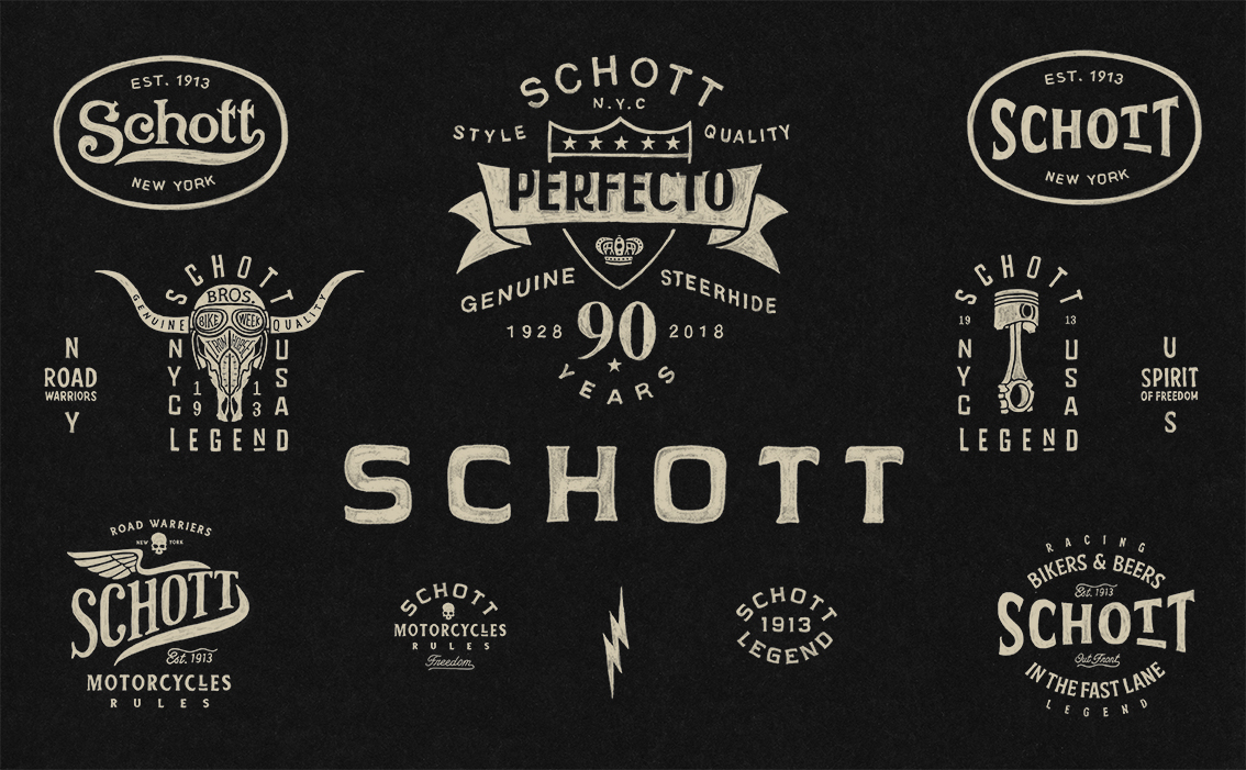 Premium American heritage branding and custom hand-drawn logo design for Schott USA