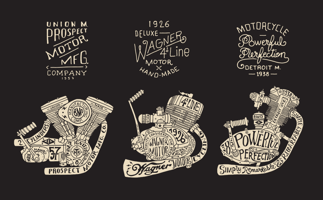 Vintage motor-culture typography and industrial branding for Engine Motor Co USA