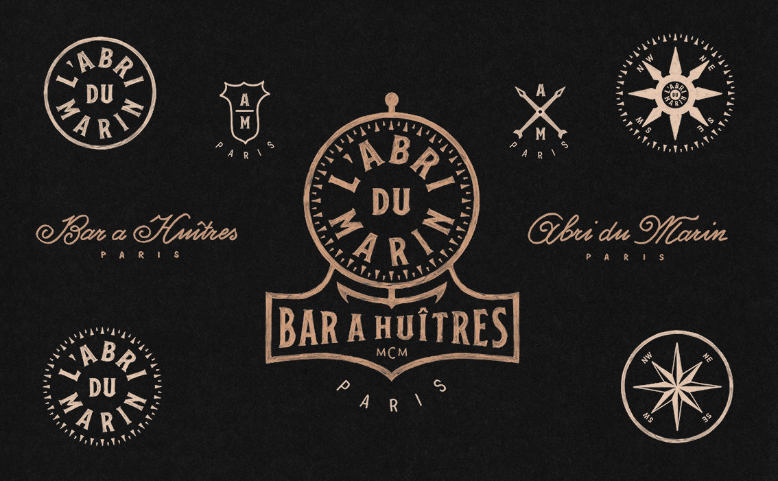 Maritime heritage branding and traditional hand-lettered logos for Abri du Marin France