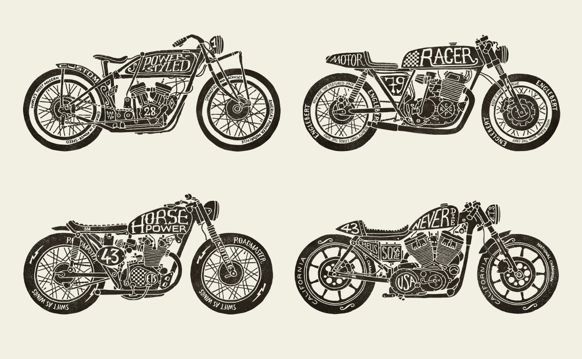 Classic motorcycle lifestyle illustration and custom Cafe Racer hand-drawn typography
