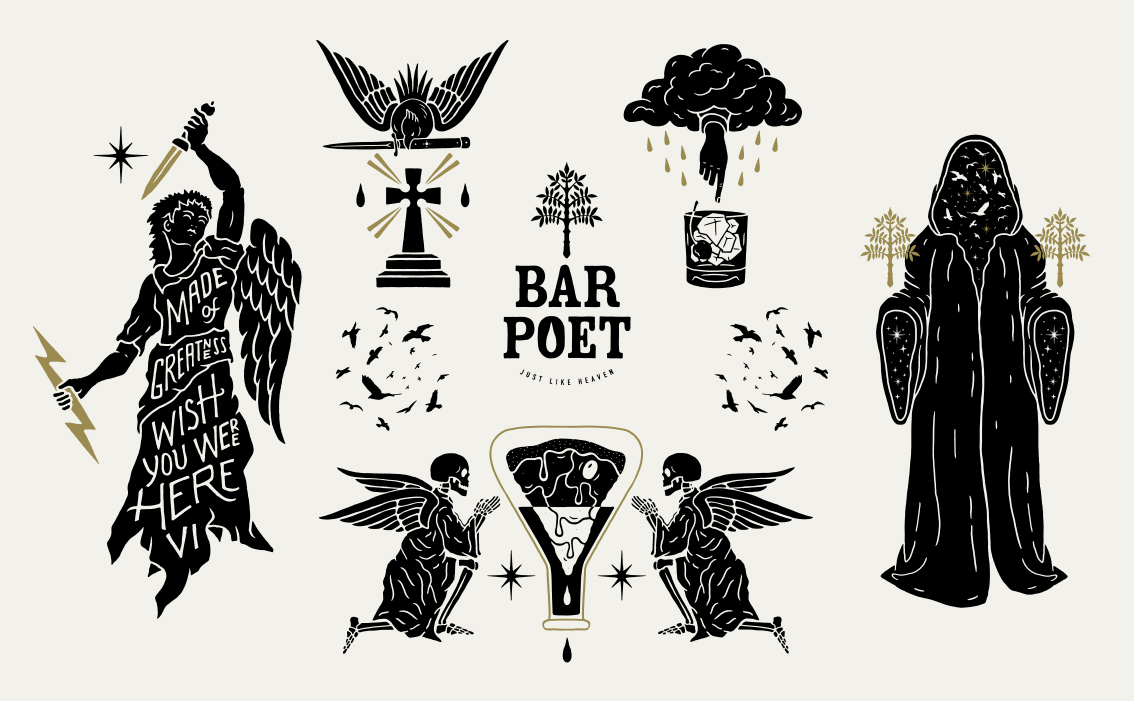 Custom heritage hand-drawn typography and artisanal brand identity for Poet Bar Montreal Canada