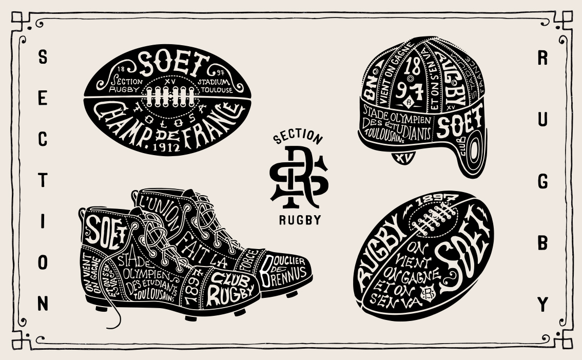 Custom graphic system and artisanal sports branding for Stade Toulousain France