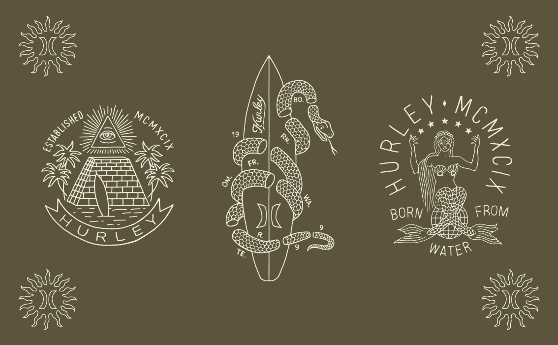 Custom organic hand-drawn illustration and surf-culture branding for Hurley USA by BMD Design