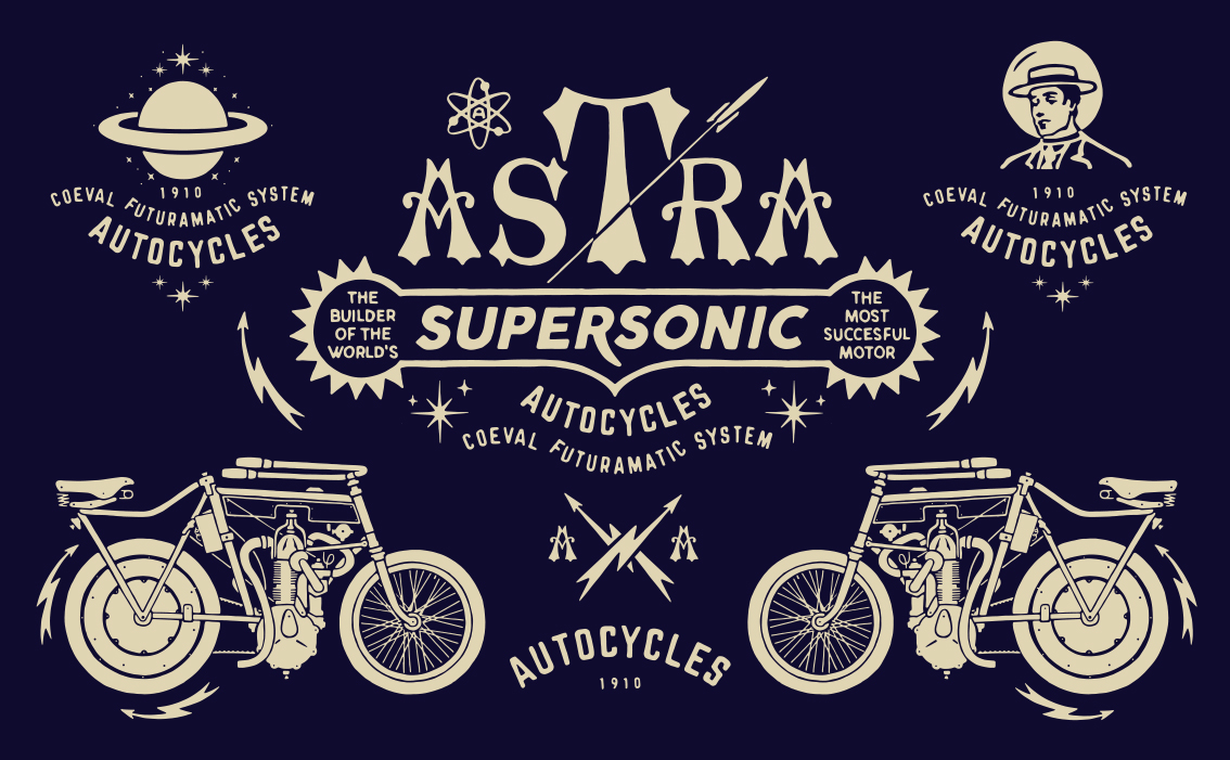 Vintage hand-drawn label illustration and artisanal beverage branding for Astra USA