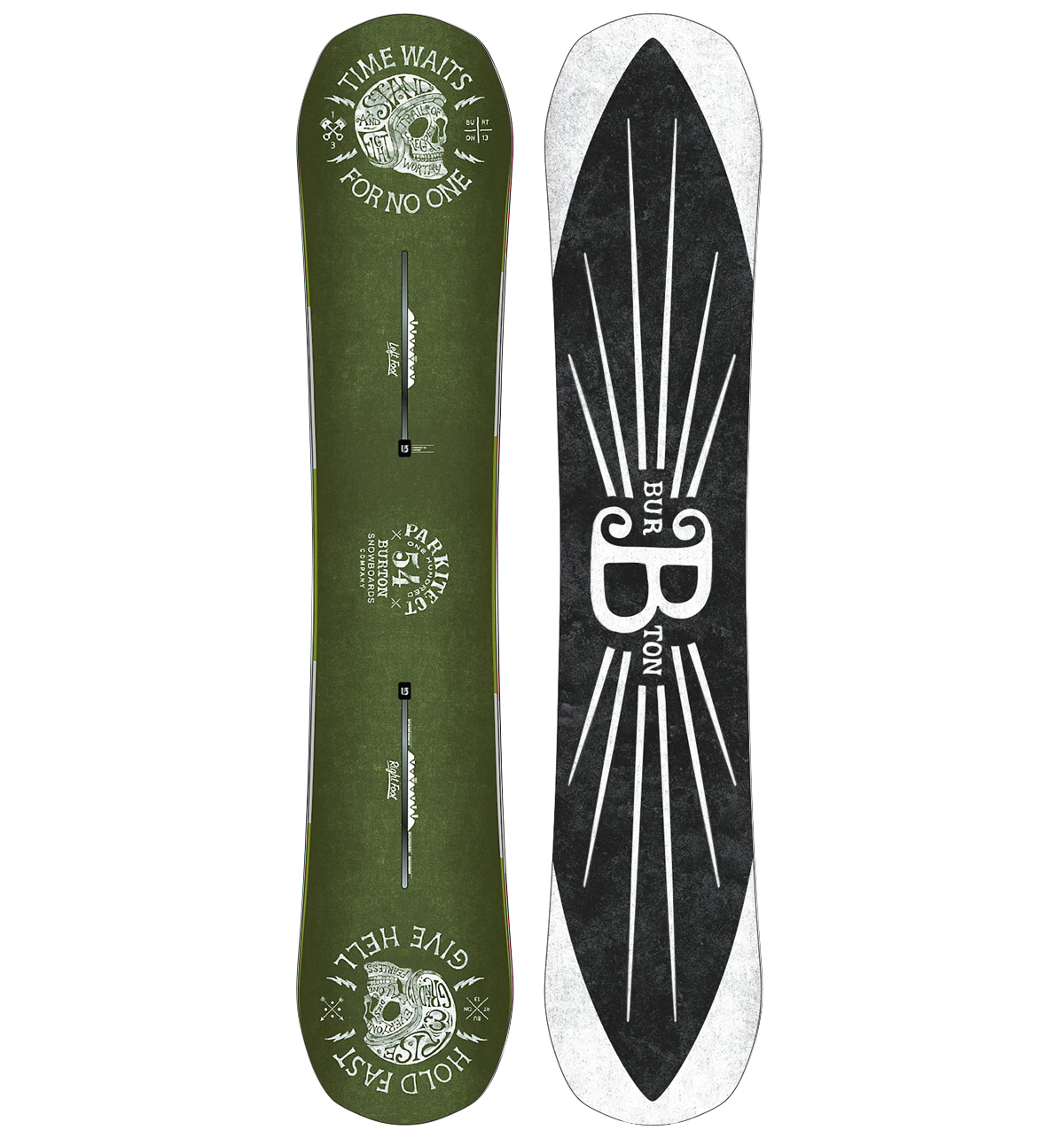 Burton Parkitect graphic deck snowboard — season 1, olive green base with skull illustrations and traditional lettering by BMD Design (Bruno Michaud), Bordeaux.