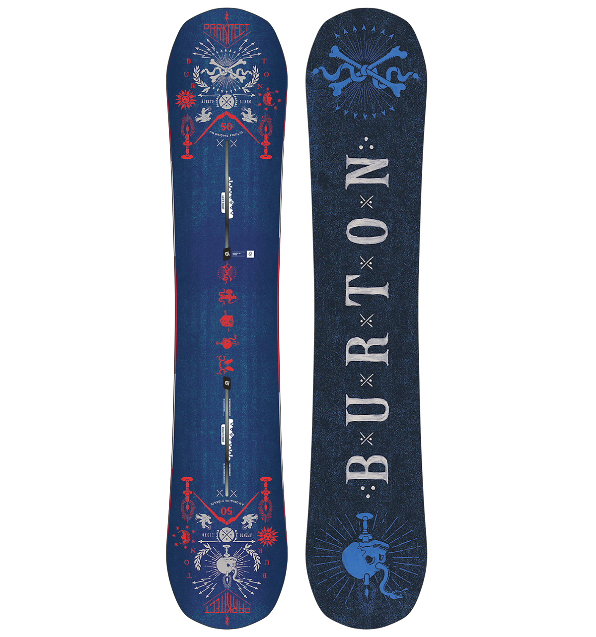 Burton Parkitect graphic deck snowboard — season 2, deep blue palette with esoteric symbols and high-contrast motifs by BMD Design (Bruno Michaud), Bordeaux.