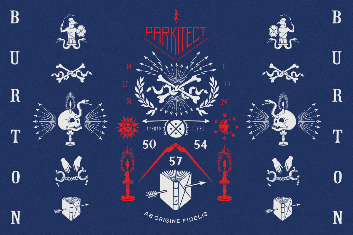 Burton Parkitect graphic deck snowboard — artwork by BMD Design (Bruno Michaud), Bordeaux.