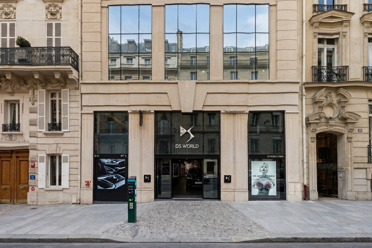 DS exhibition at DS World, Rue François 1er, Paris — exhibition and branding by BMD Design.