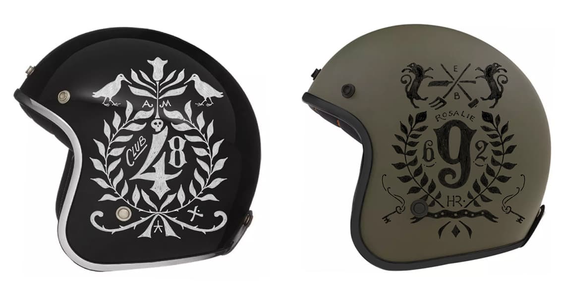 Iconic motorcycle culture imagery hand-painted on professional racing helmets by BMD Design.