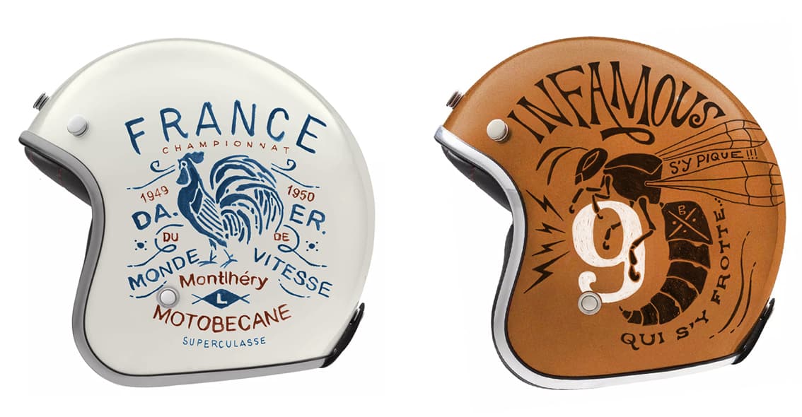 Exclusive artist series of hand-lettered and illustrated motorcycle helmets by BMD Design.