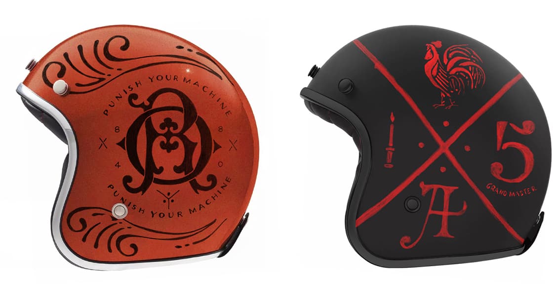 Artisan graphic craftsmanship: transforming safety gear into unique art pieces through pinstriping and enamel paint.