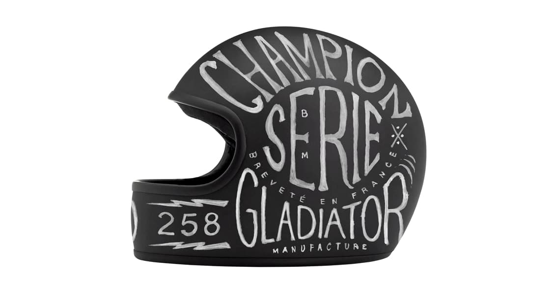 Hand-drawn typographic art and bespoke lettering on premium motorcycle helmets by BMD Design.