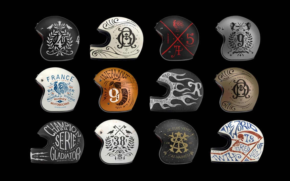 Bespoke hand-painted motorcycle helmet featuring unique artisanal artwork by BMD Design Bordeaux.