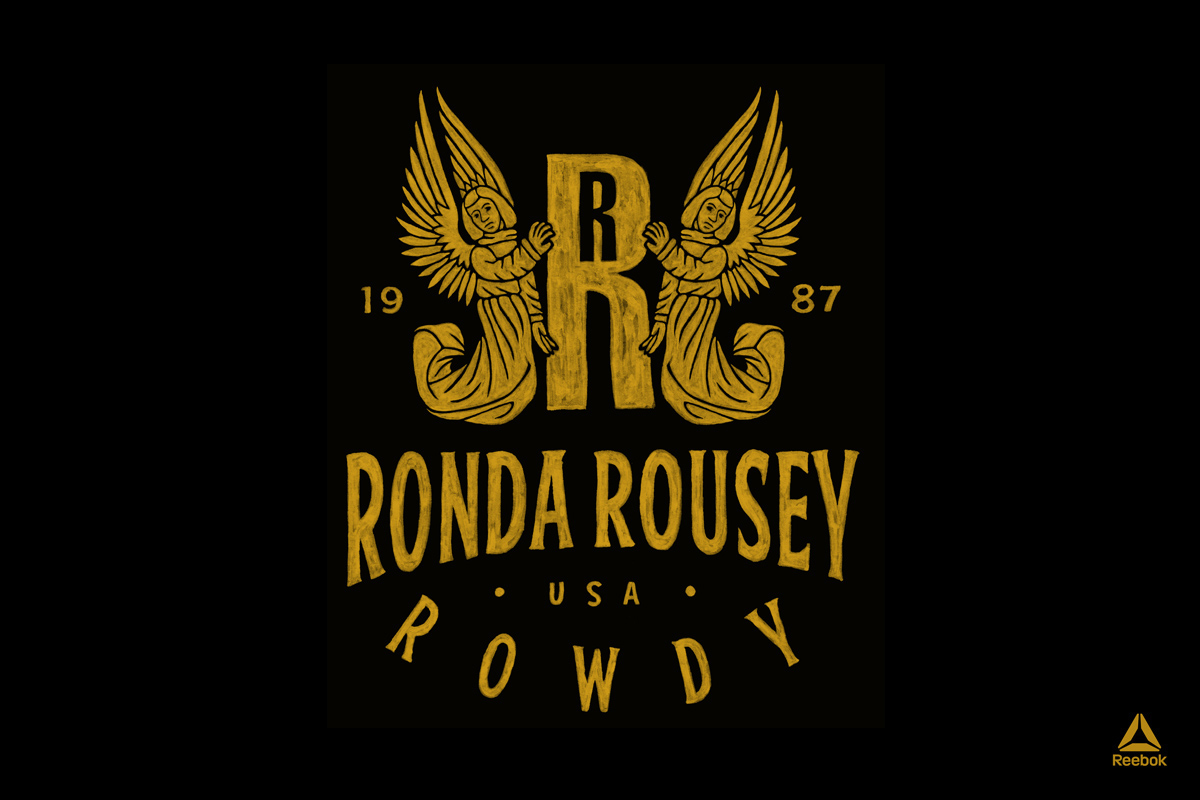 Reebok UFC Ronda Rousey apparel design — hand-painted brush illustration by BMD Design for Reebok UFC limited edition collection, artisanal MMA graphic