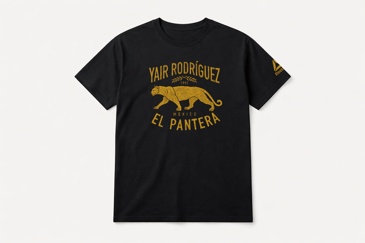 Reebok UFC Yair Rodriguez second apparel graphic — bold brush-painting by BMD Design, hors collection capsule MMA fighter tribute