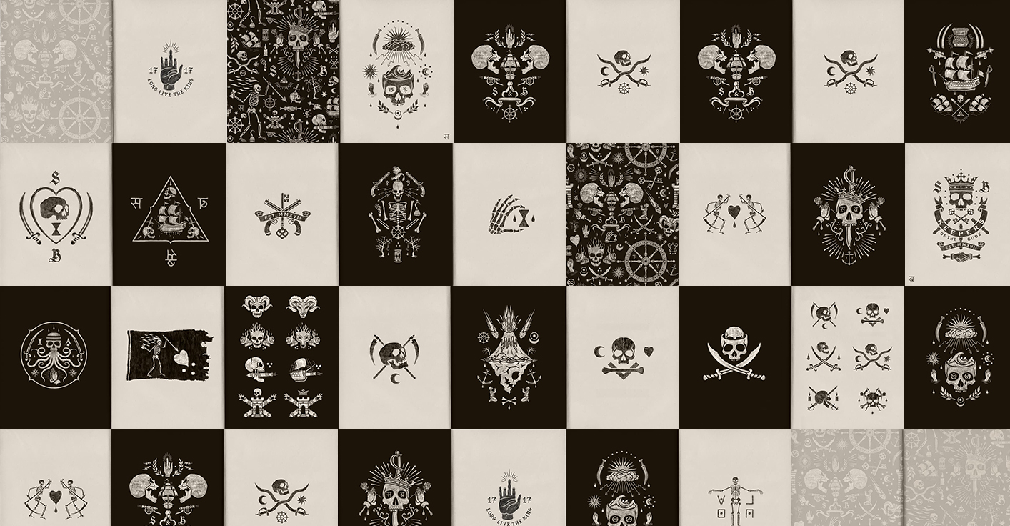 Detailed brushwork and ink-drawn Jolly Roger emblems for official game assets by BMD Design.